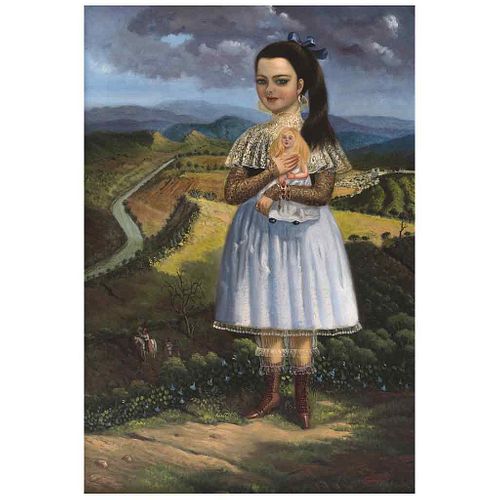 HORACIO RENTERÍA, Niña con muñeca, Signed, Oil on canvas, 25.5 x 17.7" (65 x 45 cm), Certificate