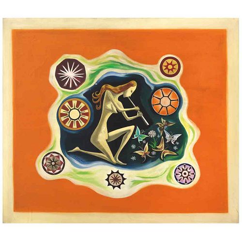 JOSÉ GARCÍA NAREZO, Flautista arrodillada con mariposas que juegan volando alrededor, Signed and dated 1975, Oil on canvas, 34.2 x 39.3" (87x100cm)
