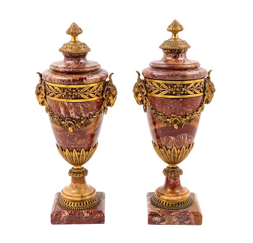 A Pair of Neoclassical Gilt Bronze Mounted Marble Urns