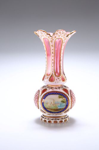 A BOHEMIAN OVERLAY GLASS VASE, 19TH CENTURY, with two painted panels of a t