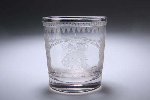A SUNDERLAND BRIDGE GLASS BEAKER, 19th CENTURY, etched with a named view of
