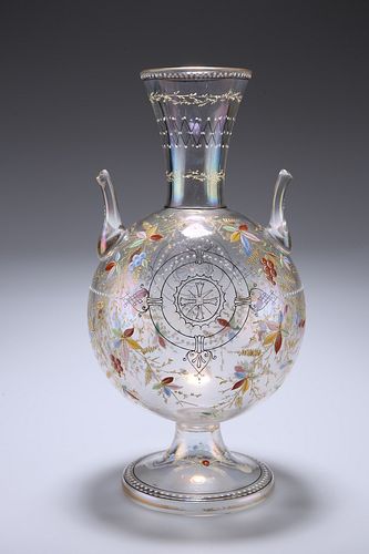 A LARGE MOSER ART NOUVEAU GLASS VASE, the spherical body enamel painted wit