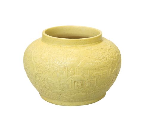 A CHINESE YELLOW GROUND PORCELAIN BRUSH WASHER, moulded in relief with a co