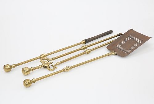 A SET OF 19TH CENTURY BRASS FIRE IRONS, comprising tongs, shovel and poker,
