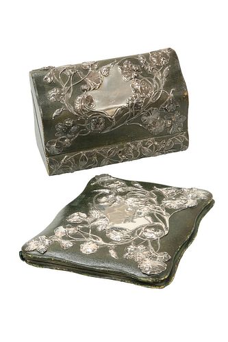 AN ART NOUVEAU SILVER-MOUNTED GREEN LEATHER DESK BOX AND BLOTTER, WILLIAM C