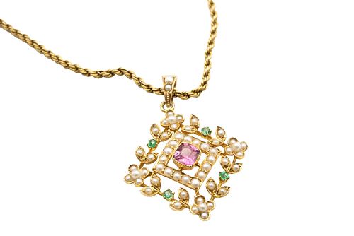 A PINK SAPPHIRE, EMERALD AND SEED PEARL PENDANT NECKLACE
 The openwork loze