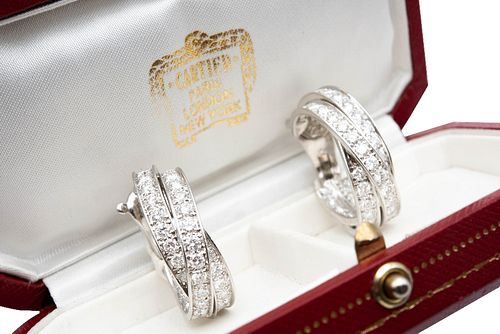 A PAIR OF DIAMOND-SET 'TRINITY' HOOP EARRINGS, BY CARTIER 
 Each formed fro