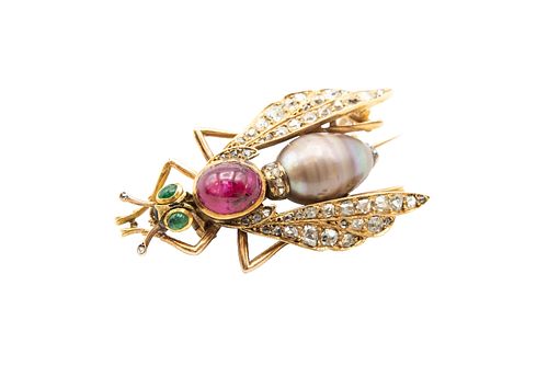 A GEM-SET INSECT BROOCH
 Designed as a bee, the freshwater cultured pearl a