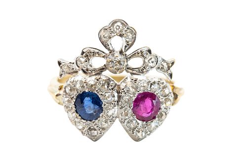 A SAPPHIRE, RUBY AND DIAMOND DOUBLE-HEART RING
 Designed as a pair of conjo