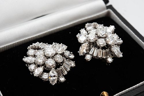 A PAIR OF DIAMOND CLIP EARRINGS
 Each designed as a tiered cluster of marqu