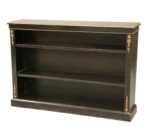 A VICTORIAN ORMOLU-MOUNTED EBONISED OPEN BOOKCASE, the top with gilt-highli