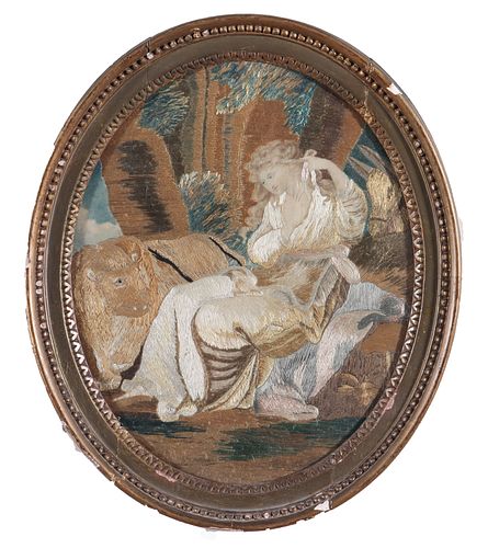 19th C. Georgian Silk & Watercolor Oval Tapestry