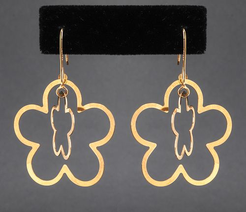 Italian 14K Yellow Gold Flower Motif Drop Earrings