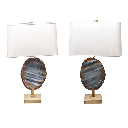 Willy Daro Agate Geode Brass Table Lamp, Pair