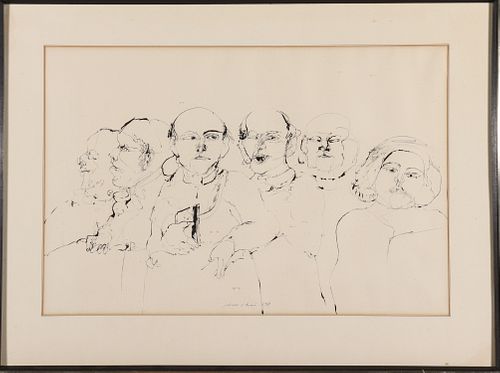 Illegibly Signed Ink Drawing of Multiple Figures