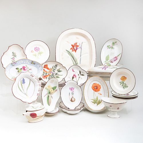 Assembled English Creamware Botanical and Flower Decorated Part Service