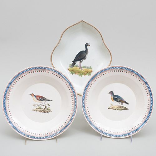 Pair of Creamware Soup Plates Decorated with Birds, Probably Dutch, and an English Pearlware Ornothological Shaped Dish