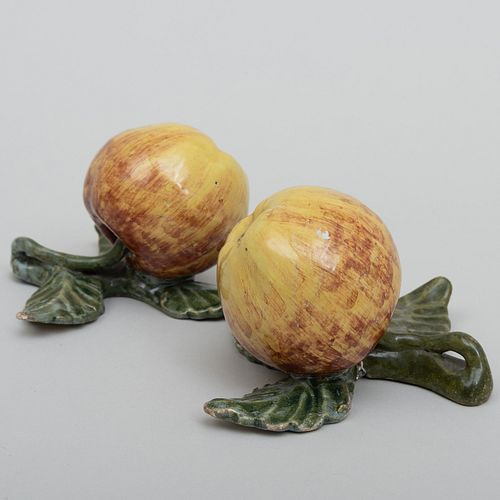 Pair of Dutch Delft Models of Apples on Fixed Leaf Stands