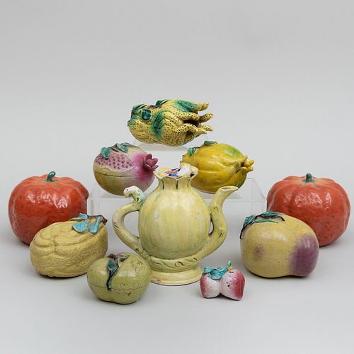 Group of Chinese Export Porcelain Models of Fruits, Two Peach Form Boxes, and a Pomegranate Form Wine Pot