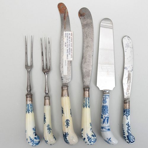 Two pairs of Blue and White Porcelain Mounted Knife and Fork Sets