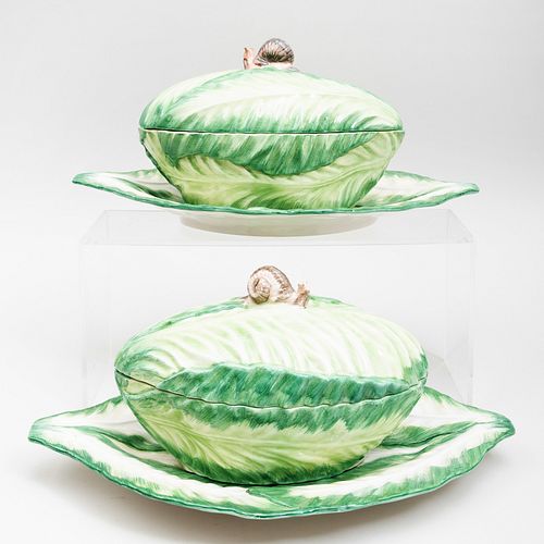 Pair of Mottahedeh Cabbage Form Tureens, Covers, and Underplates