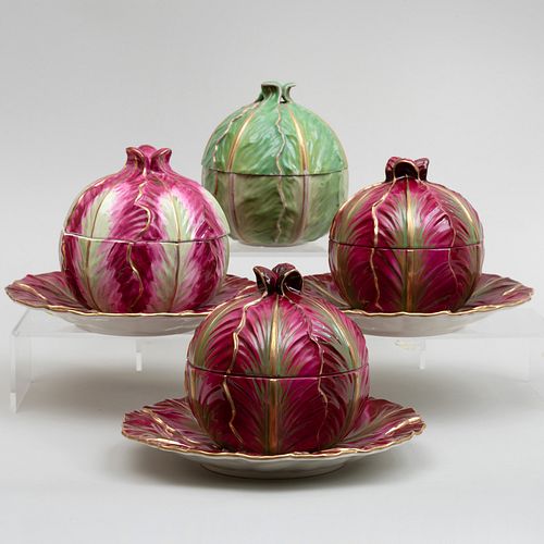 Meissen Marcolini Cabbage Form Tureen and Cover and a Three Similar Mottahedeh Tureens with Underplates