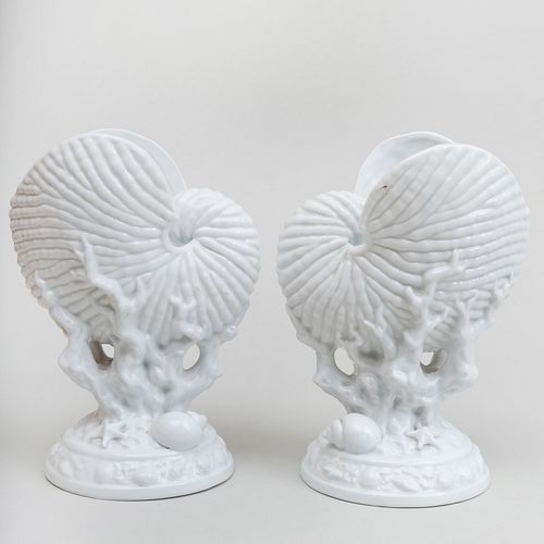 Pair of White Glazed Porcelain Shell Form Compotes, of Recent Manufacture
