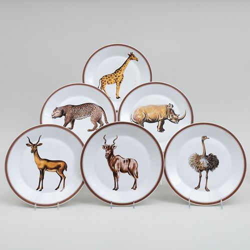 Set of Six Mottahedeh Porcelain Plates Transfer Printed with African Animals