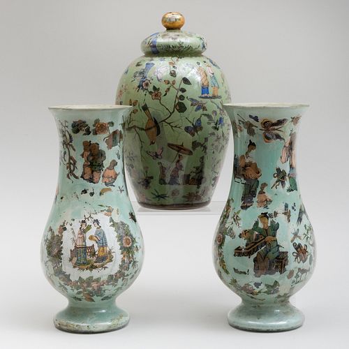 Pair of Chinoiserie Green Ground Decalcomania Vases and a Jar and Cover