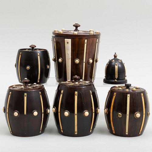 Five Anglo Indian Bone Mounted Wooden Tobacco Barrels and a Similar Finial