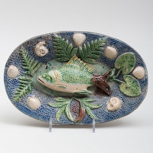Palissy Ware Style Oval Dish Decorated with a Fish and Shells