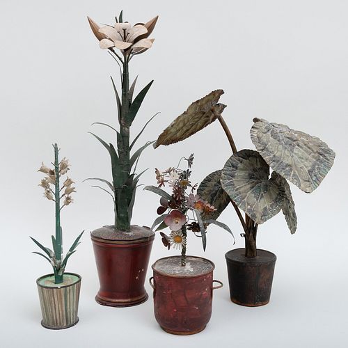 Group of Four Polychrome Painted Tole Models of Potted Plants