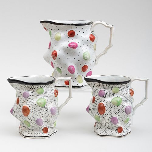Three English Pearlware Jugs, Decorated with Gems