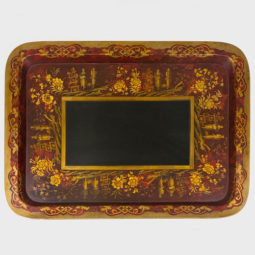 Large Victorian Red and Black Painted and Parcel-Gilt Papier MachÃ© Tray