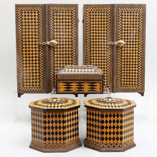 Group of Modern Indian Octagonal Geometrically Painted Boxes and Cabinets