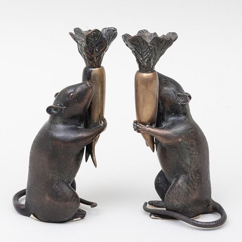 Pair of Japanese Meiji Bronze Rat Form Candlesticks
