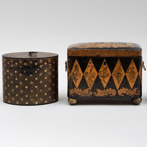 Regency Penwork Tea Caddy and a Painted Tole Ovoid Tea Caddy