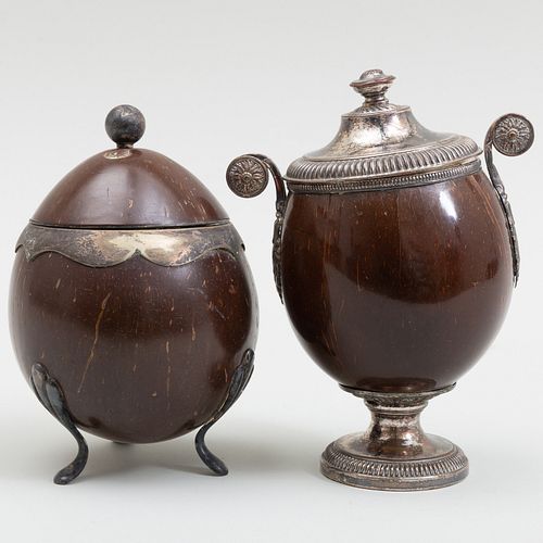 Two Silver Plate-Mounted Coconut Cups and Cover
