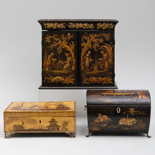 Japanned Wood Jewelry Chest, a Sewing Box and a Table Casket