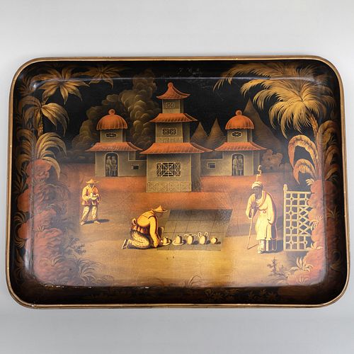 Large Victorian Papier MÃ¢chÃ© Tray with Chinoiserie Decoration