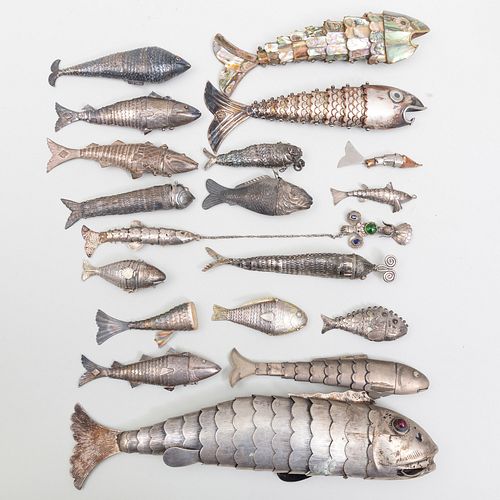 Austrian Silver Fish Form Spice Box and a Group of Seventeen Silvered Metal Articulated Models of Fish