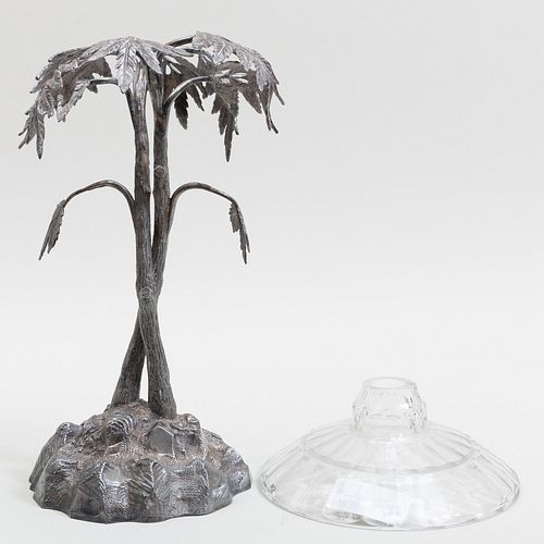 Silvered-Metal Palm Tree Centerpiece Stand with Glass Insert