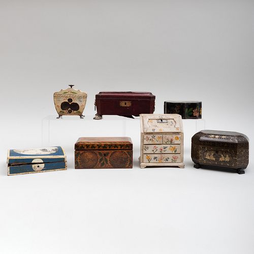 Group of Six English and Continental Table Boxes and a Miniature Painted Fall Front Desk