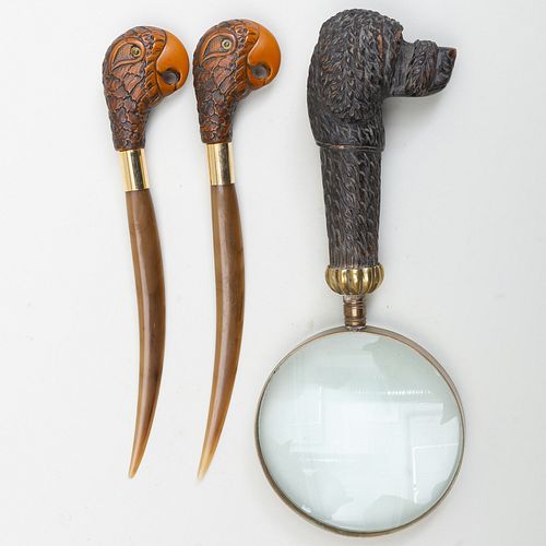 Magnifying Glass with Carved Hound Form Handle and Two Letter Openers with Carved Parrot Form Handles