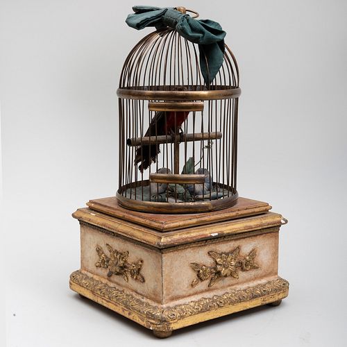 Continental Automaton Bird and Wire Birdcage on a Painted and Parcel-Gilt Base