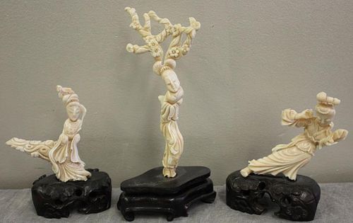Lot of 3 Carved Coral Figures on Stand.