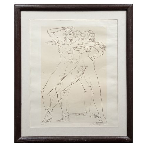 Raúl Anguiano. Tres desnudos femeninos. Firmada. Litografía E/E. Enmarcado. 54x44 cm