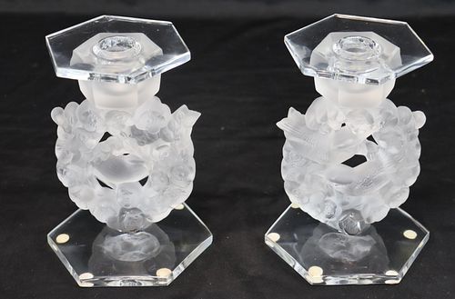 Lalique France Signed Pair Of Candlesticks