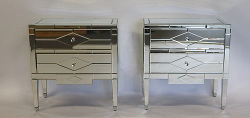 Vintage Pair Of 2 Drawer Mirrored Stands .