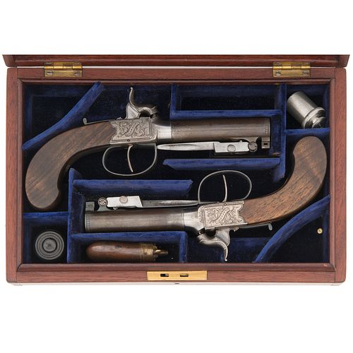 Cased Set of Scottish Box Lock Percussion Pistols with Snap Bayonets by Martin of Glasgow Ca 1850